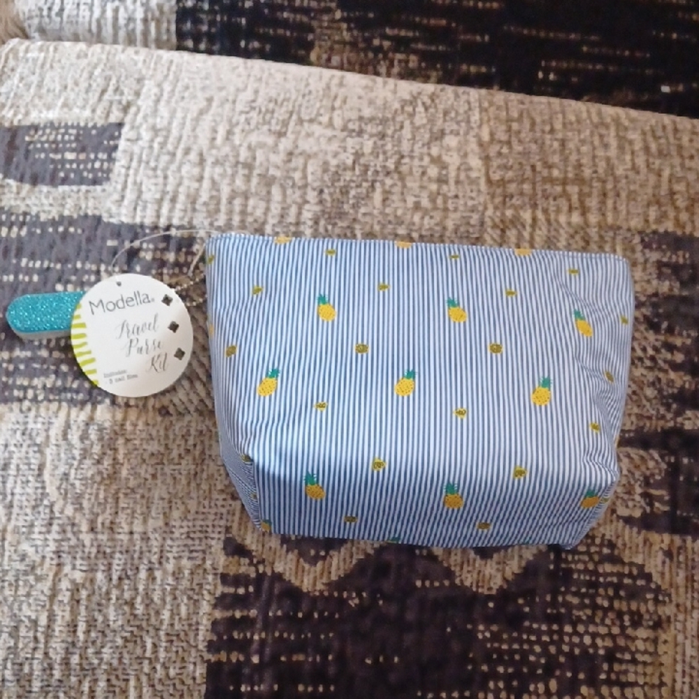 4/$40 New Modella Striped Makeup Bag With Nail Files - Pineapple Design